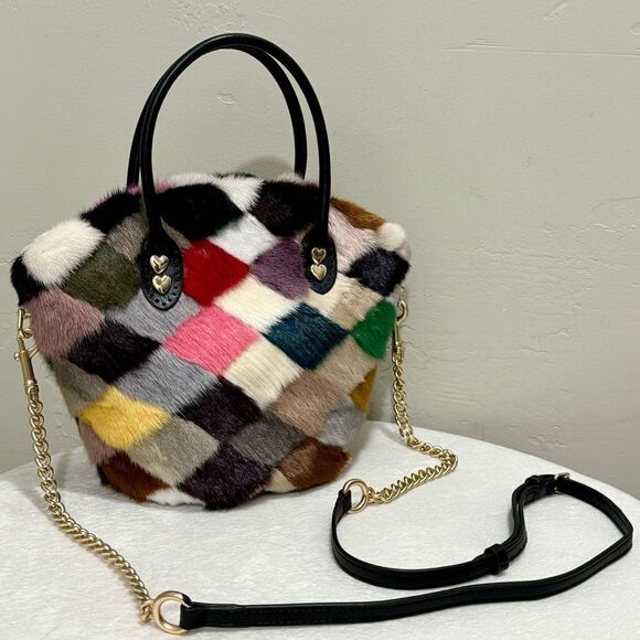 Colorblock Handmade Real Mink Fur Diamond Pattern Leather Handle Bag/Crossbody - Picture 1 of 16